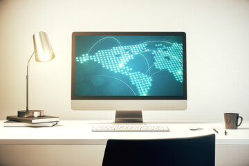 Poster - Abstract creative world map with connections on modern laptop screen, international trading concept. 3D Rendering