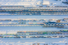 Branches Of The Railway At The Marshalling Yard, A Lot Of Freight Wagons From The Height.