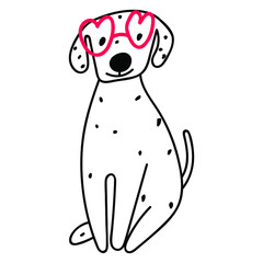 Wall Mural - Dalmatian wearing red glasses. 
Valentine's day concept. Vector hand drawn outline illustration on white background.