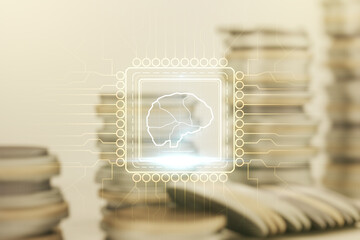 Poster - virtual creative artificial intelligence hologram with human brain sketch on stacks of coins backgro