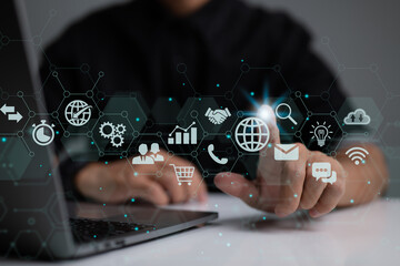 Poster - Businessman is using a digital vitual screen with laptop computer. The concept of global business.