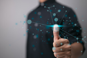 Poster - The use of fingerprint scanning technology allows a businessperson to log in. The use of a fingerprint to identify a person and the notion of a security system.