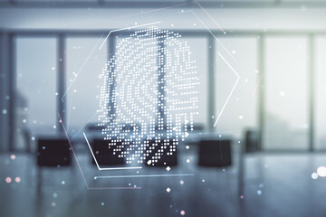 Fototapete - Multi exposure of virtual abstract fingerprint illustration on a modern conference room background, digital access concept