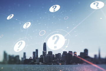 Aufkleber - Abstract virtual question mark illustration on San Francisco skyline background. FAQ and search concept. Multiexposure