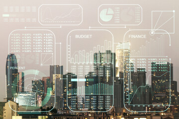 Poster - Double exposure of abstract creative statistics data hologram on Los Angeles office buildings background, analytics and forecasting concept