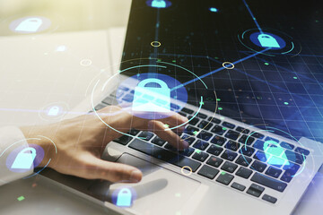 Aufkleber - Creative lock sketch with chip hologram and hands typing on computer keyboard on background, protection of personal data concept. Multiexposure