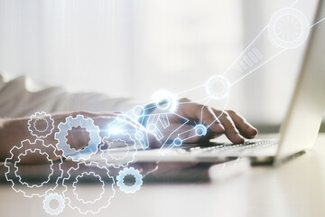 Aufkleber - Creative abstract robotics technology hologram and hands typing on computer keyboard on background, artificial intelligence and machine learning concept. Multi exposure