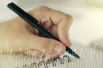 Poster - Creative abstract micro circuit sketch and man hand writing in notepad on background, future technology and AI concept. Double exposure