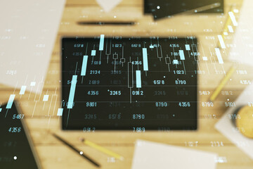 Poster - Abstract creative stats data concept and modern digital tablet on background, top view. Multiexposure