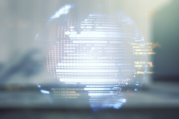 Poster - Double exposure of abstract programming language hologram and world map on modern business center exterior background, research and development concept