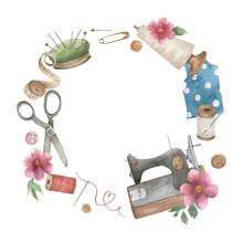 Watercolour Wreath With Sewing Elements, Machine, Scissors, Threads. Hand Drawn Watercolor  Isolated Illustration On White Background