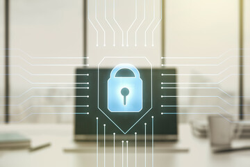 Poster - Creative lock sketch with chip hologram on modern laptop background, protection of personal data concept. Multiexposure