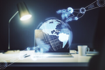 Aufkleber - Creative abstract robotics technology sketch with globe on modern laptop background, future technology and AI concept. Double exposure