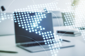 Leinwandbilder - Abstract creative world map with connections on modern laptop background, international trading concept. Multiexposure