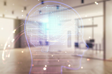 Poster - double exposure of creative artificial intelligence hologram on modern corporate office background. 