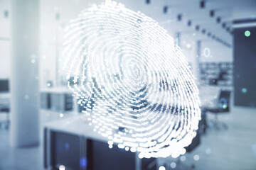 Poster - Abstract virtual fingerprint illustration on a modern furnished classroom background, personal biometric data concept. Multiexposure