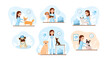 A set of illustrations. Veterinarian with pets. Flat design. 