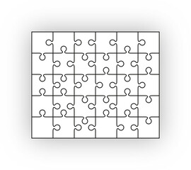 Puzzle pieces set. Jigsaw outline grid. Scheme of thinking game. Modern background with separate shapes. Simple frame tiles. Mosaic silhouette with 30 details. Cutting template. Vector illustration.