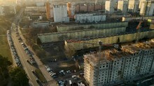 gdańsk przymorze poland development plan construction site for new modern building in the residential district of the city center. Drone footage during golden hours