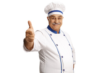 Poster - Mature male chef smiling and showing a thumb up gesture