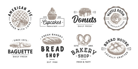 Set of 8 vintage style bakery, pastry shop labels, badges, emblems and logo. Vector illustration. Monochrome graphic sketches engraved design elements. Collection of hand drawn on white background.