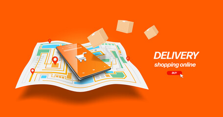 Wall Mural - Smartphone with a cart icon on the screen placed on a GPS map and pin to the location of the delivery and there was a parcel box floating in mid-air,vector 3d on orange background for online shopping