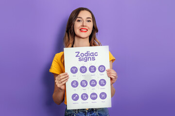 Wall Mural - Young woman holding big paper poster with astrological icons of zodiac signs isolated on lilac background. School of Astrology