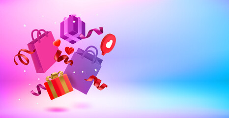 Poster - Shopping concept with boxes, bags, hearts and ribbons. 3d vector landscape orientation banner with copy space