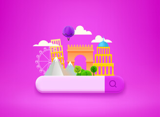 Poster - Searching for travel tour. World famous sights with searching bar. 3d vector illustration