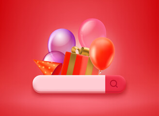 Poster - Searching for holiday presents concept. Gift box and air balloons with searching bar. 3d vector illustration