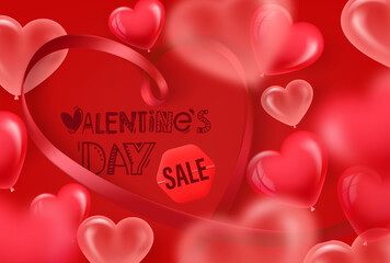 Poster - Valentines Day sale banner with red ribbon and hearts. 3d vector