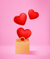 Aufkleber - Heart flying out the shopping bag. 3d vector illustration