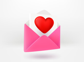 Aufkleber - Love letter concept. Pink paper envelope with red heart. 3d vector illustration