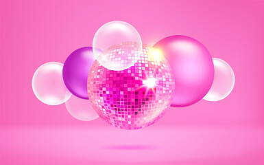 Poster - Glowing disco balls on pink background. Vector 3d banner with copy space