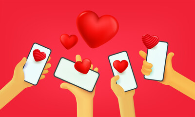 Aufkleber - Fall in love concept with group of people and smartphones. 3d vector iluustration
