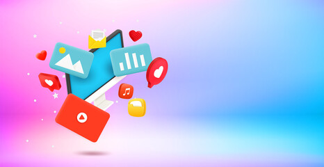 Poster - Internet entertainment concept. 3d vector landscape orientation banner with copy space