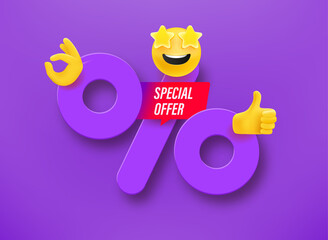 Poster - Shopping special offer label with percentage sign and emojis. 3d vector illustration