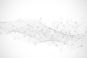 Poster - Abstract plexus background with connected lines and dots. Wave flow. Plexus geometric effect Big data with compounds. Lines plexus, minimal array. Digital data visualization, illustration
