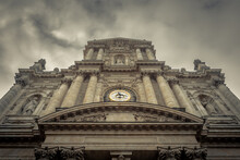 Dramatic Upward Shot Of Vintage Gothic Church In Paris