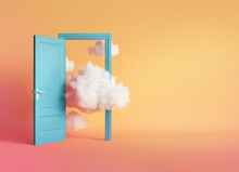 3d Render, White Clouds And Cumulus Flying Out The Blue Open Door Inside The Empty Room. Objects Isolated On Peachy Background. Abstract Metaphor, Modern Minimal Concept. Surreal Optical Illusion