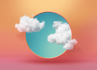 Wall Mural - 3d render, abstract wallpaper, blue sky with white clouds fly out the round hole, peachy background. Weather concept, optical illusion