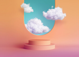 Wall Mural - 3d render, abstract peachy geometric background, modern minimal showcase scene with empty podium for product presentation, white clouds fly inside the room through the arch window, optical illusion