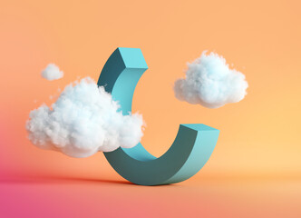 Wall Mural - 3d render, abstract peachy background with blue geometric shape and white clouds. Modern minimal concept
