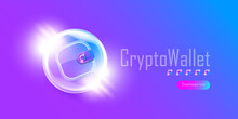 Cryptocurrency Wallet Concept Illustration With Wallet And Crypto Coins Isolated On Violet Background. Crypto Wallet Landing Page And Poster Design Template. Crypto Wallet For Bitcon, Solana, Ethereum