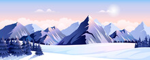 Winter Mountains, Nature, Alps, Countryside Landscape. Frosty Day In Rocks, Hills In Snow. Snowy Mountain, Forest Scenery. Cold Season, North Slopes Background, Panoramic View. Vector Illustration