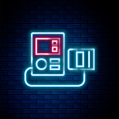 Poster - Glowing neon line Blood pressure icon isolated on brick wall background. Colorful outline concept. Vector