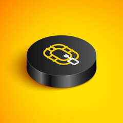 Poster - Isometric line Inflatable boat icon isolated on yellow background. Rafting boat. Water sports, extreme sports, holiday, vacation. Black circle button. Vector