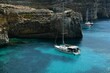 Comino island with cliffs, tourist boats and blue sea.
