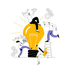 Wall Mural - Several men and women in casual clothes are fussing around the switched-on light bulb. The concept of a vector illustration on the topic of big ideas and teamwork.