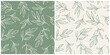 © MoJX.Studio - Set of leaves seamless repeat pattern. Random placed, vector botany elements hand drawn all over surface print on sage green and beige background.